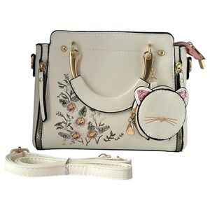 Cream Floral Embroidered Structured Satchel Crossbody Bag Cat Coin Purse Charm